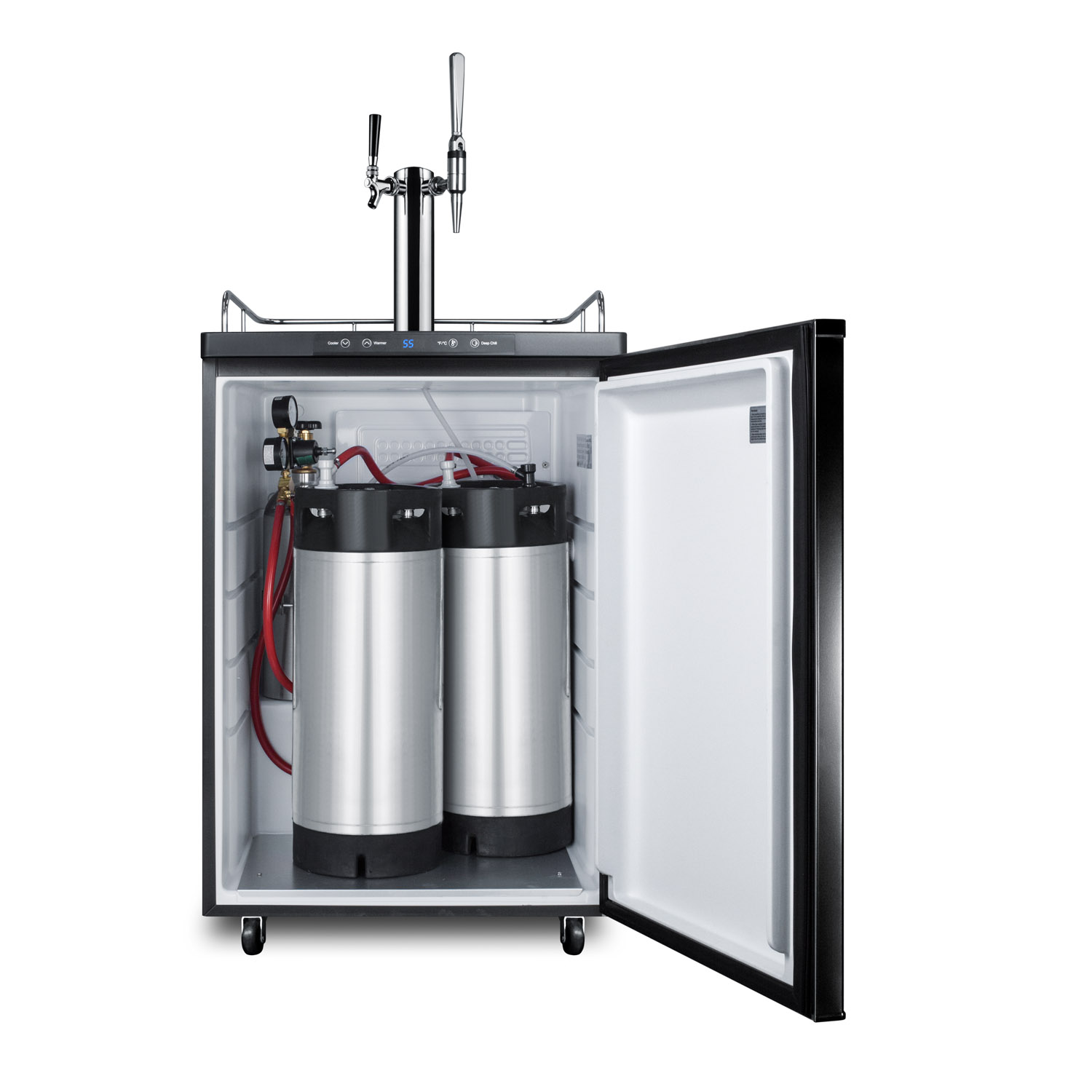 Dual tap coffee dispenser in black, with a combination nitro/flat coffee tap kit in stainless steel